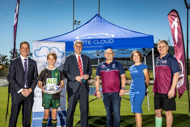 White Cloud Foundation and QRU partnership launch with Adam Scott, Tom Scott, Stirling Hinchliffe MP, Gaven Head, Jane Schmitt and Tim Horan.